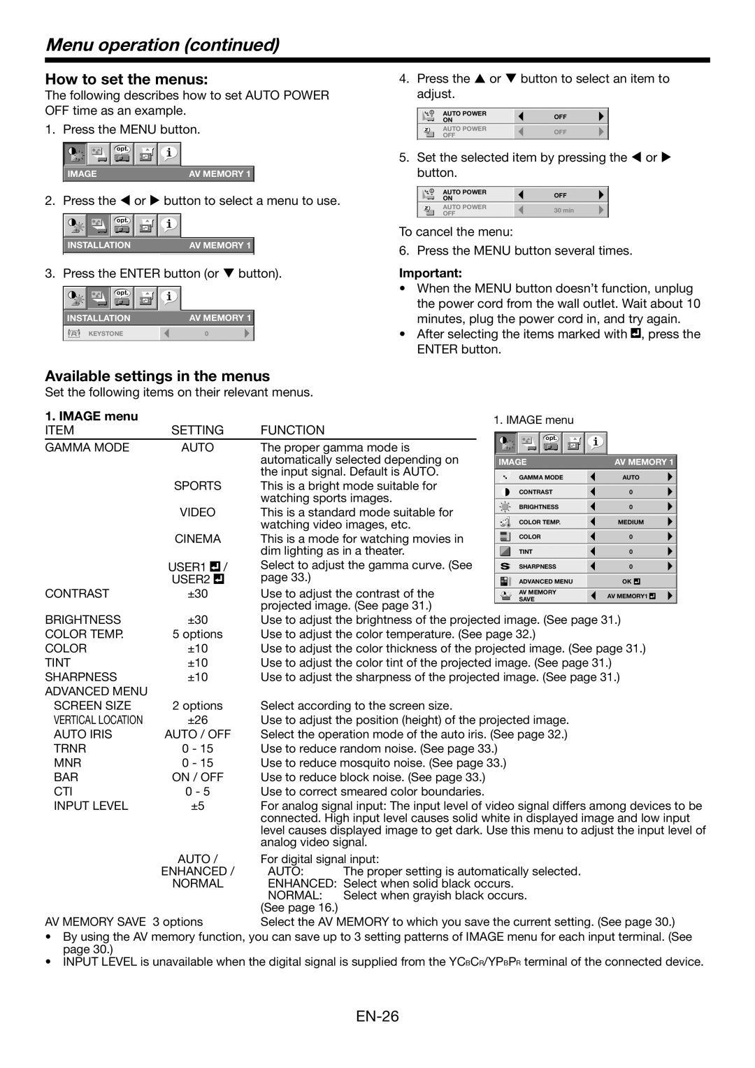 Mitsubishi Electronics HC6800 Menu operation continued, How to set the menus, Available settings in the menus, IMAGE menu 