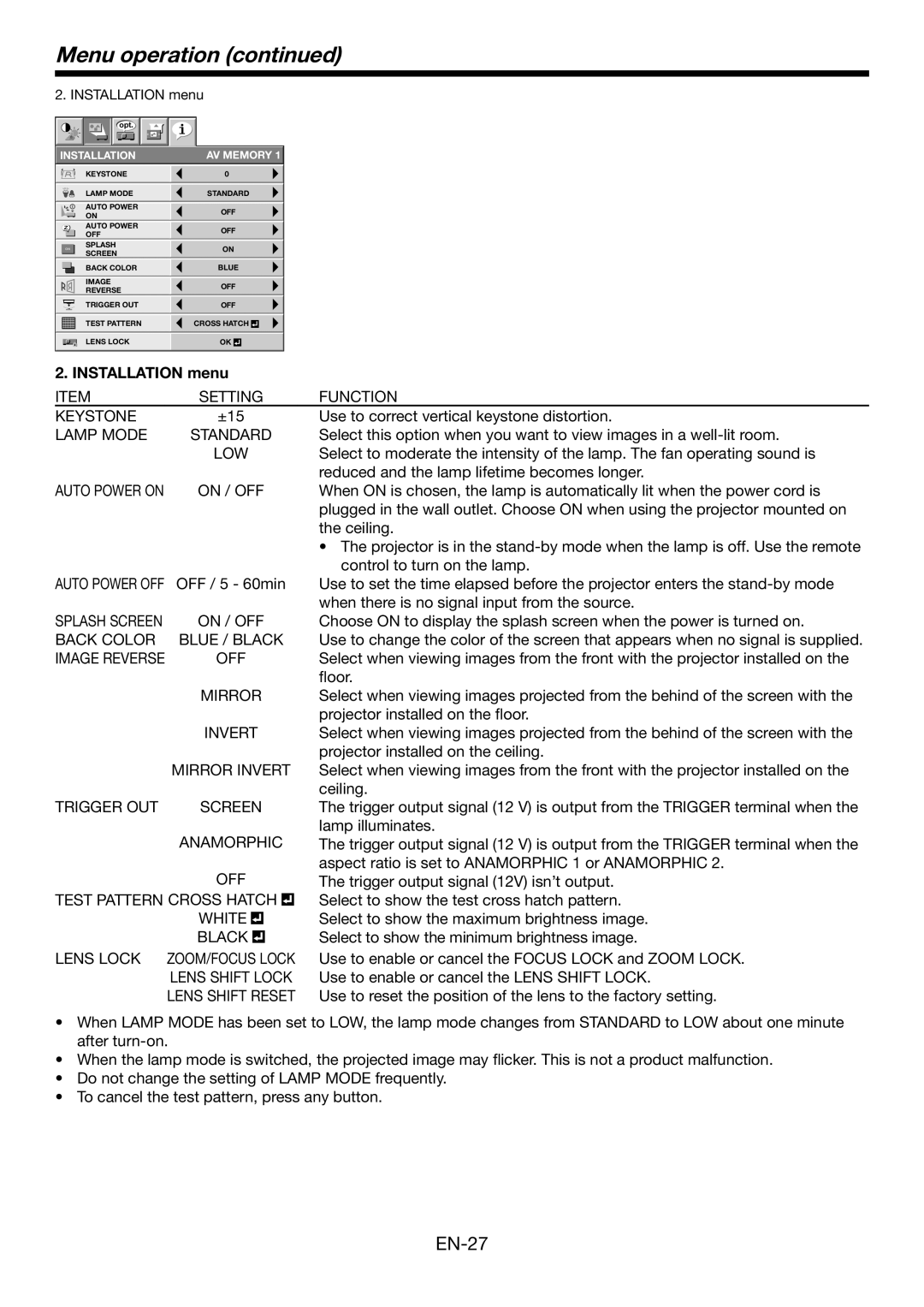 Mitsubishi Electronics HC6800 user manual Menu operation continued, EN-27, INSTALLATION menu 