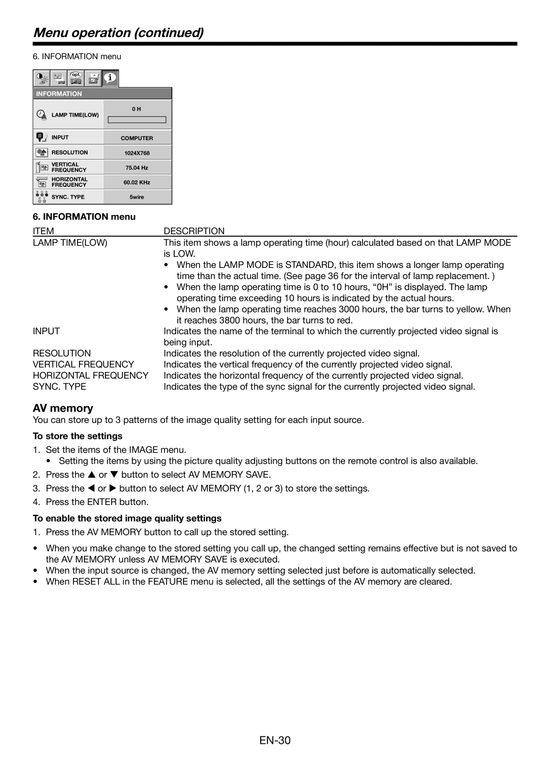 Mitsubishi Electronics HC6800 user manual AV memory, Menu operation continued, INFORMATION menu, To store the settings 