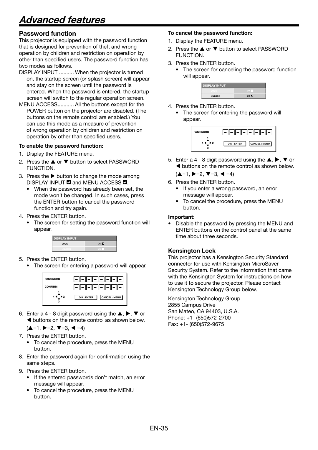 Mitsubishi Electronics HC6800 Advanced features, Password function, Kensington Lock, To enable the password function 