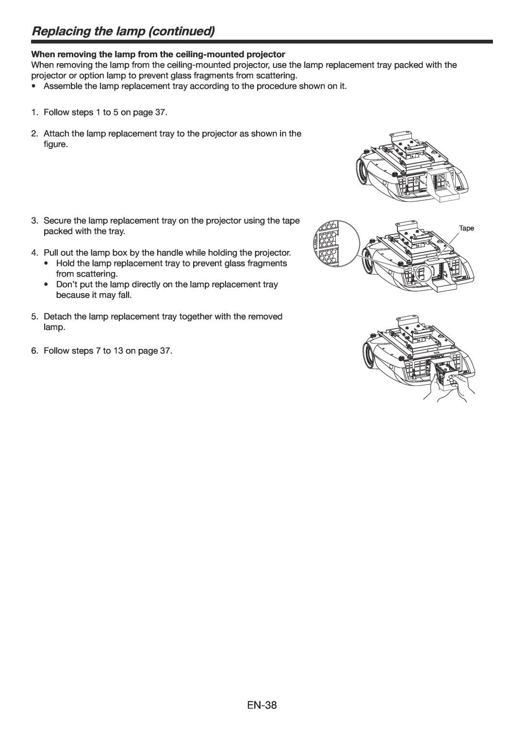 Mitsubishi Electronics HC6800 user manual Replacing the lamp continued, EN-38 