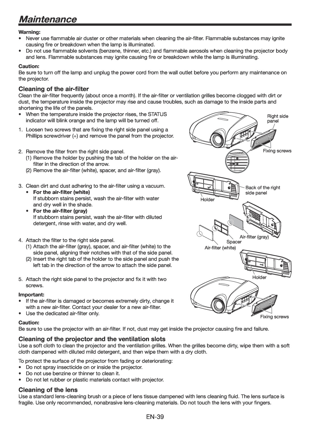 Mitsubishi Electronics HC6800 user manual Cleaning of the projector and the ventilation slots, Cleaning of the lens, EN-39 
