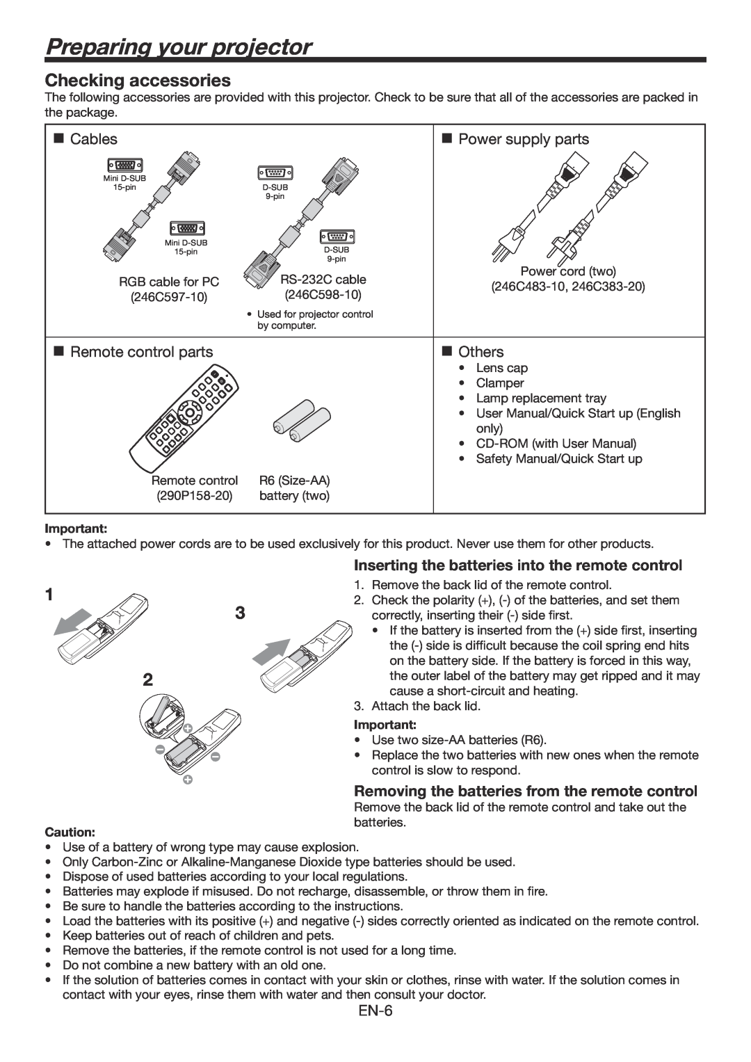 Mitsubishi Electronics HC6800 user manual Preparing your projector, Checking accessories 