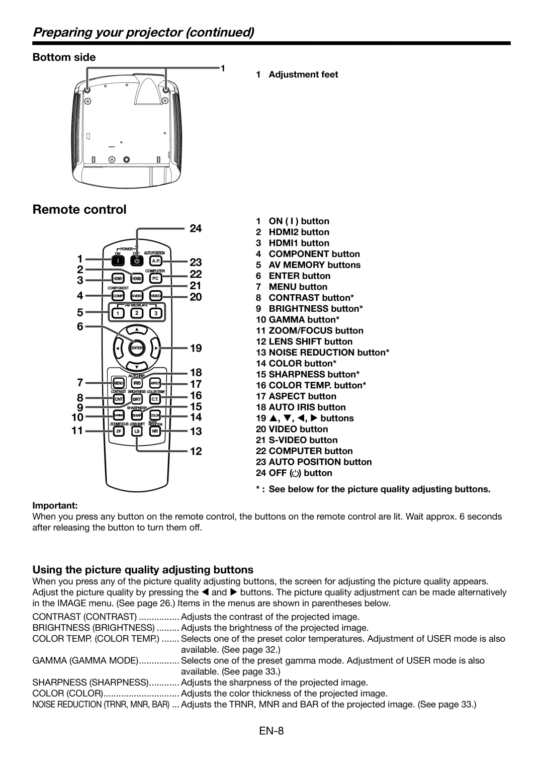 Mitsubishi Electronics HC6800 Remote control, Bottom side, Using the picture quality adjusting buttons, Adjustment feet 