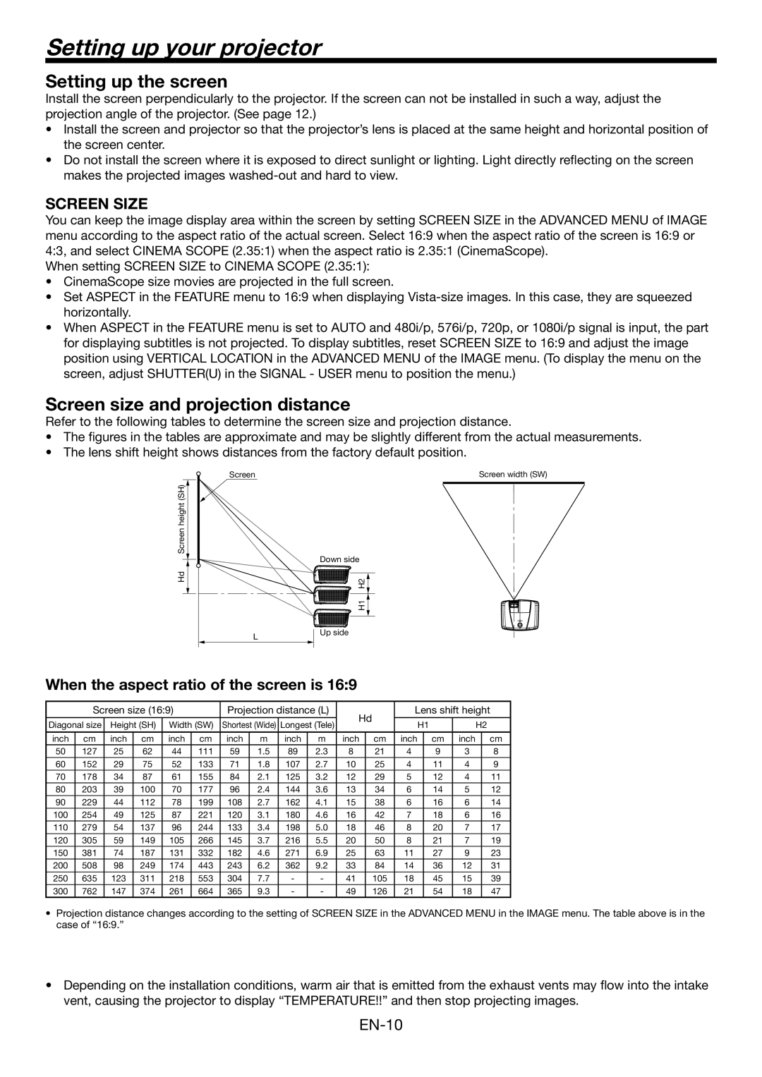 Mitsubishi Electronics HC7800D Setting up your projector, Setting up the screen, Screen size and projection distance 