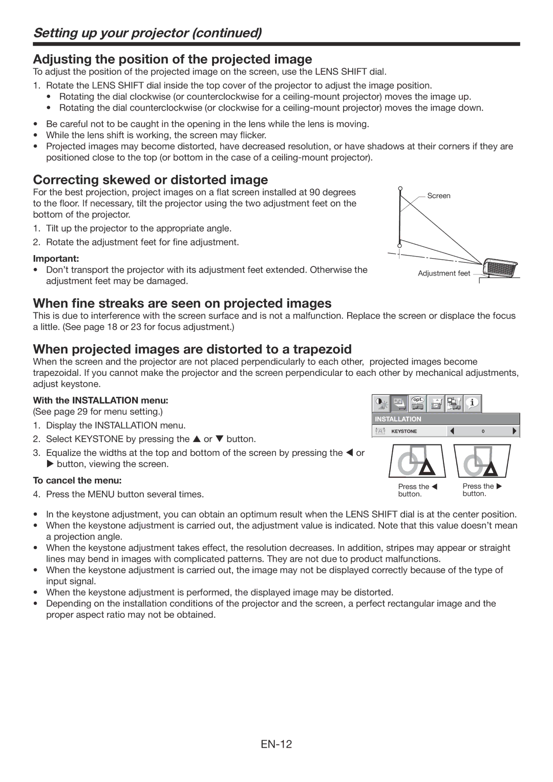 Mitsubishi Electronics HC7800D Adjusting the position of the projected image, Correcting skewed or distorted image 