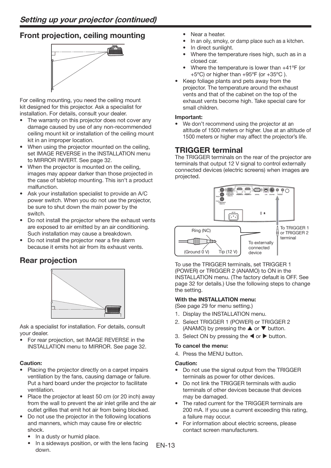 Mitsubishi Electronics HC7800DW user manual Front projection, ceiling mounting, Trigger terminal, Rear projection 