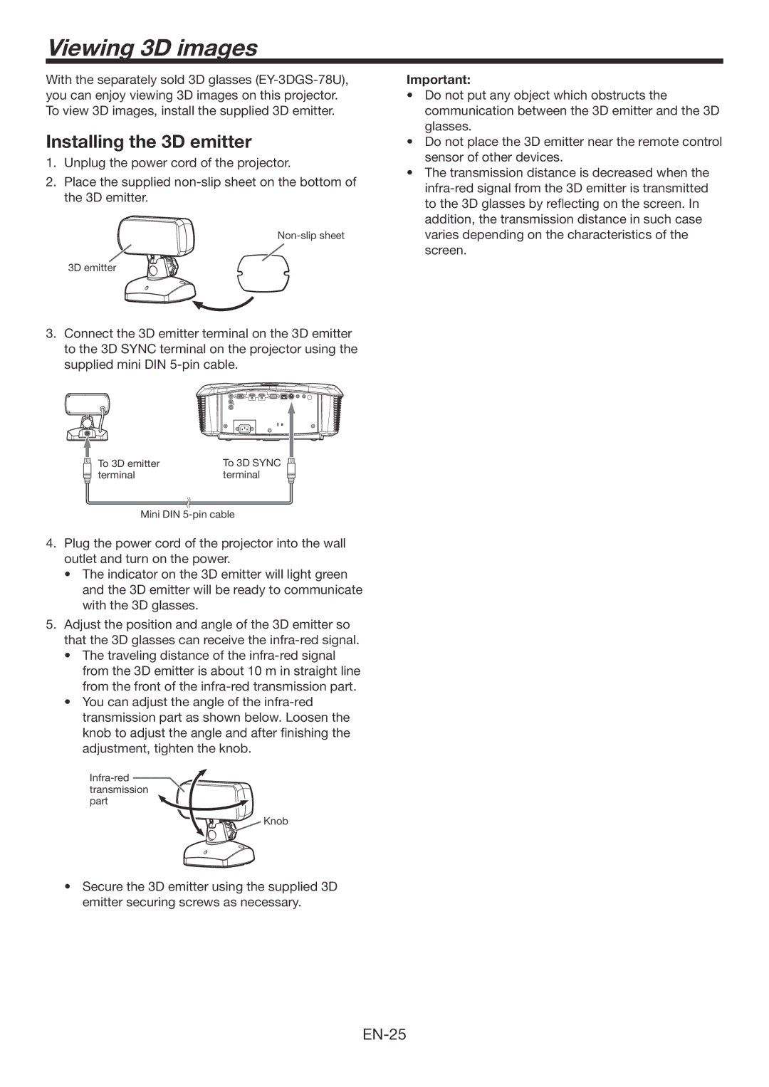 Mitsubishi Electronics HC7800DW user manual Viewing 3D images, Installing the 3D emitter 