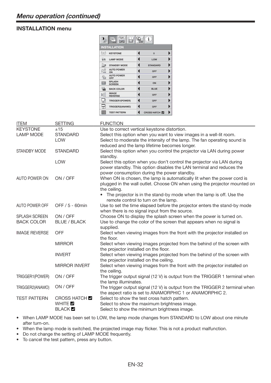 Mitsubishi Electronics HC7800DW user manual Installation menu 