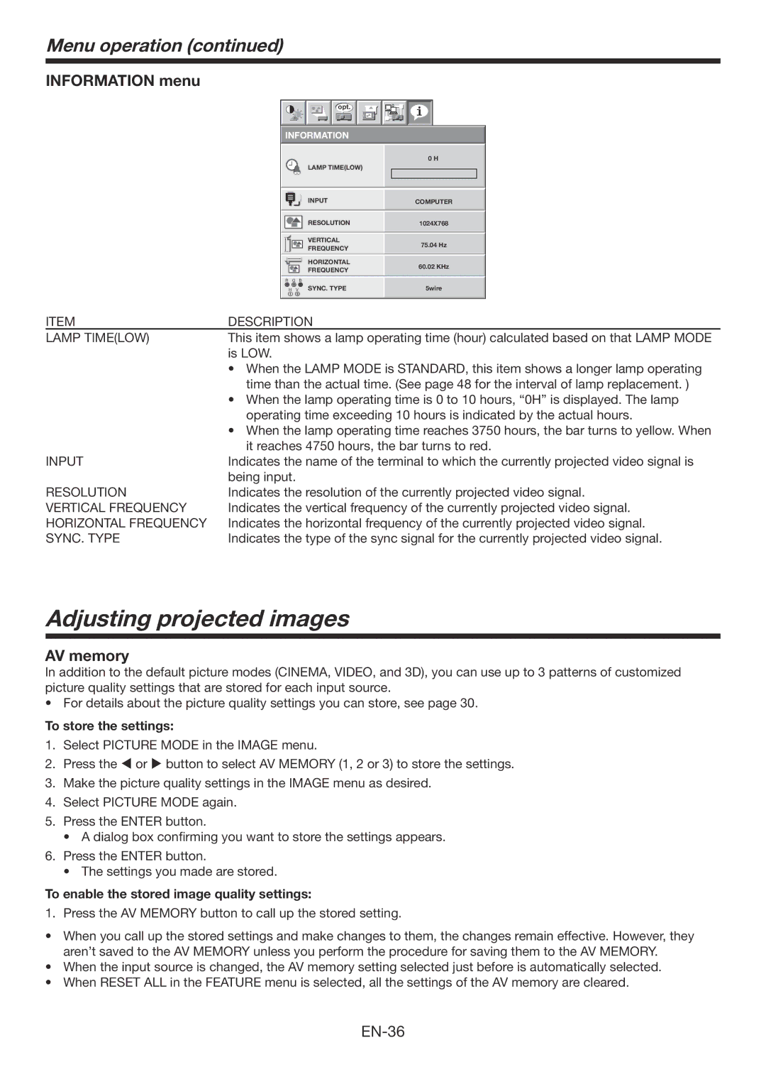 Mitsubishi Electronics HC7800DW user manual Adjusting projected images, Information menu, AV memory 