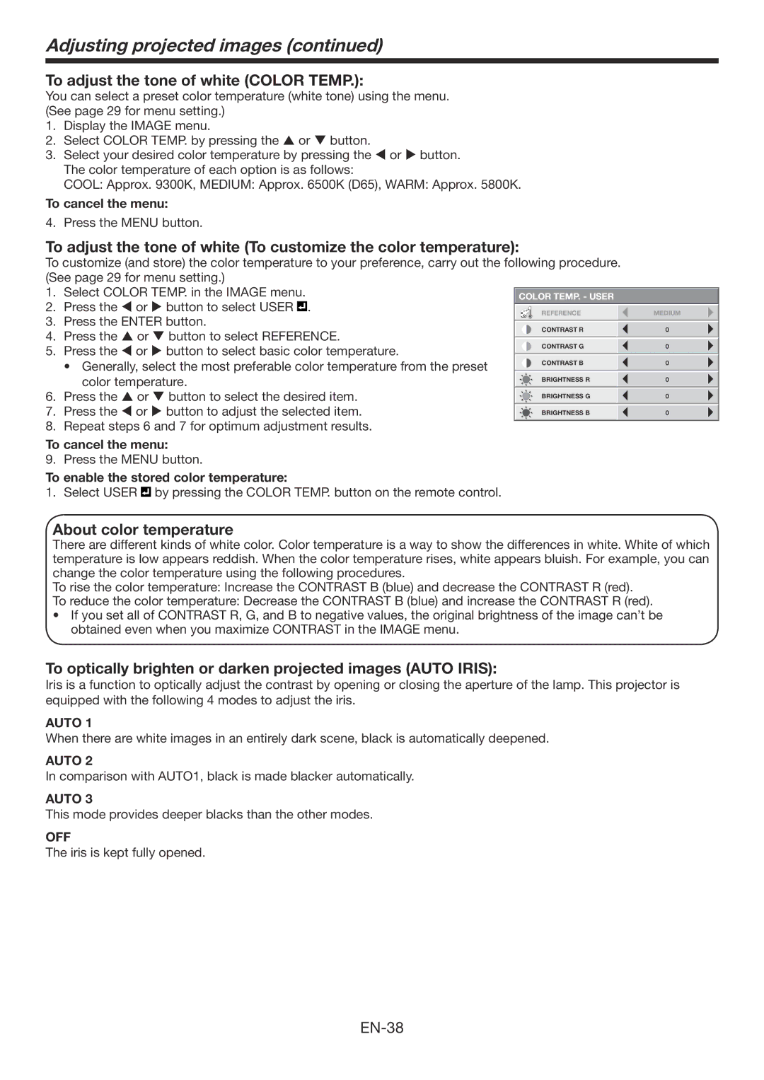 Mitsubishi Electronics HC7800DW user manual To adjust the tone of white Color Temp, About color temperature 