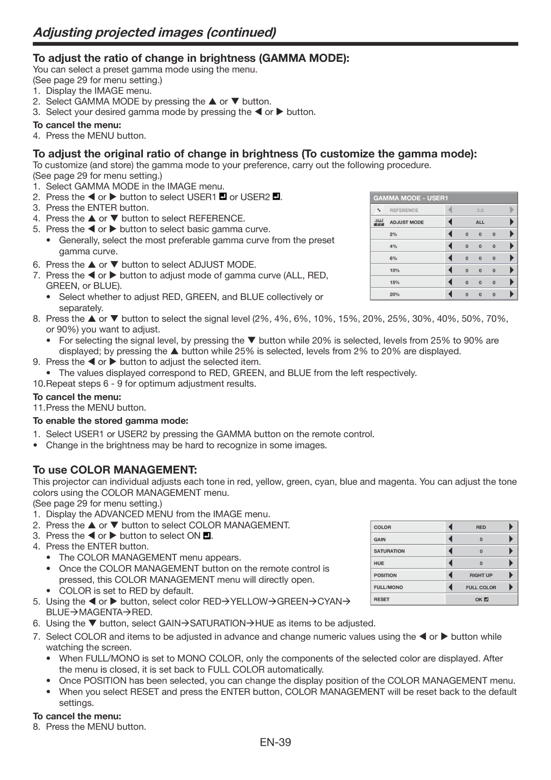 Mitsubishi Electronics HC7800DW user manual To adjust the ratio of change in brightness Gamma Mode, To use Color Management 