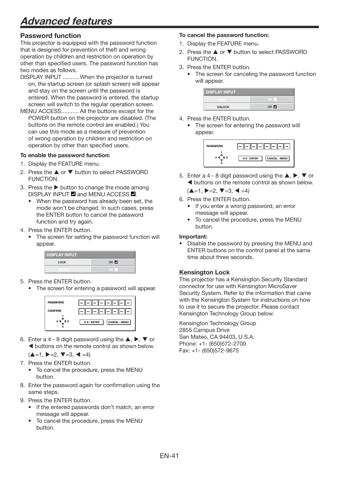 Mitsubishi Electronics HC7800DW user manual Advanced features, Password function, To enable the password function 