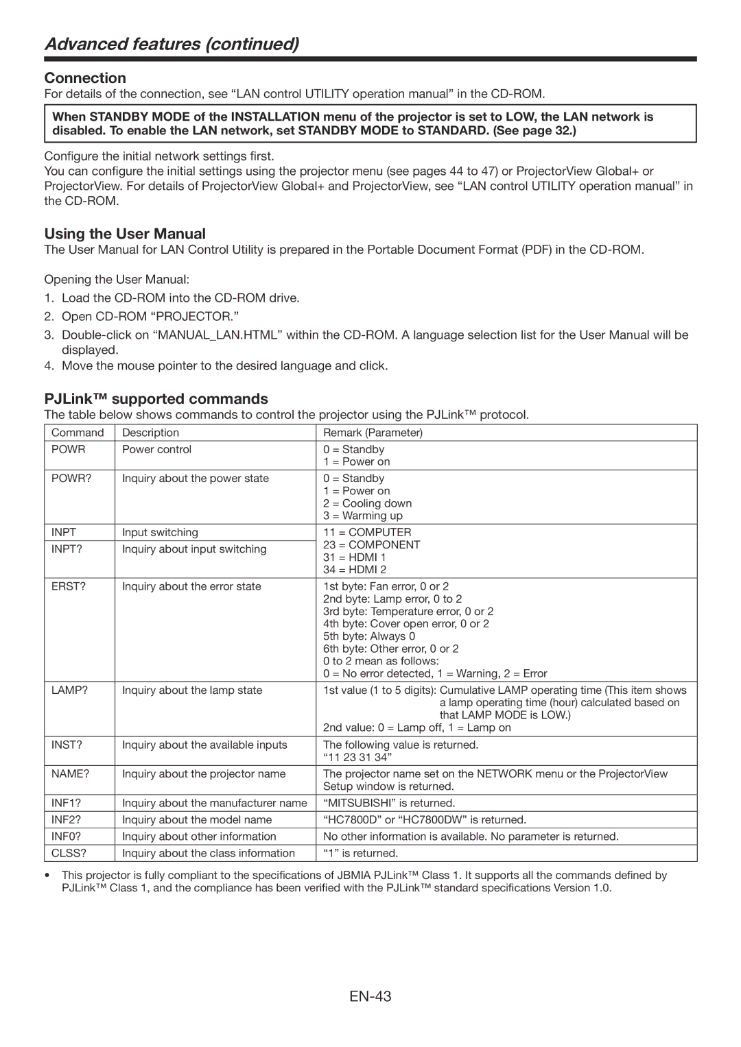 Mitsubishi Electronics HC7800DW user manual Connection, PJLink supported commands 