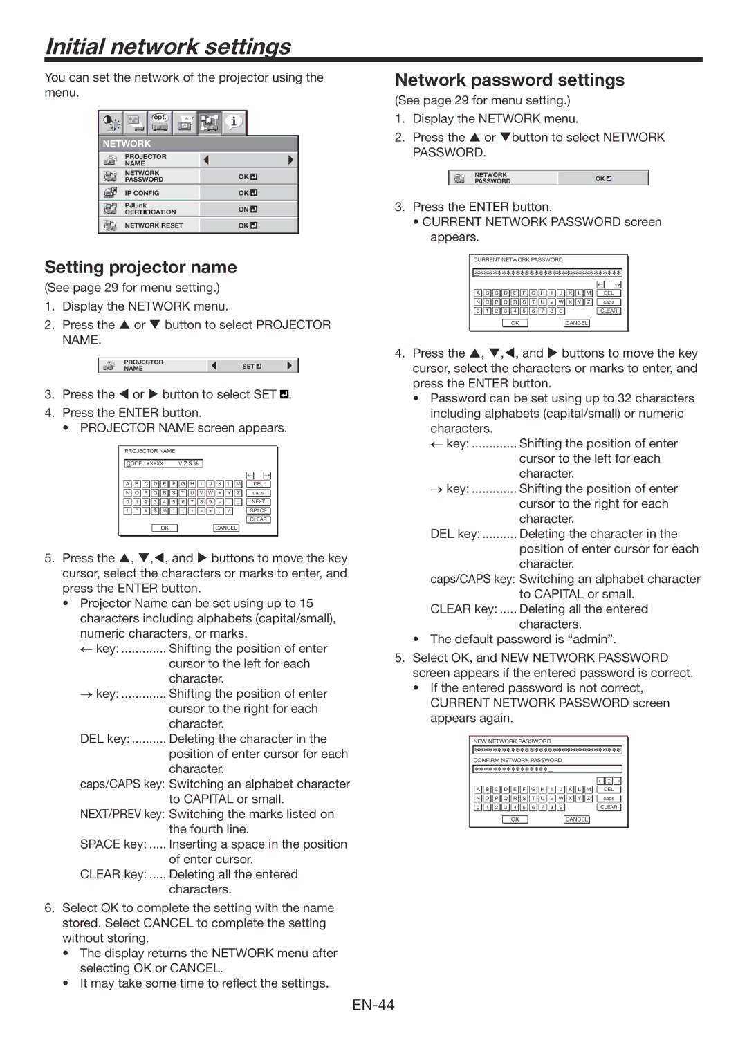 Mitsubishi Electronics HC7800DW user manual Initial network settings, Setting projector name, Network password settings 