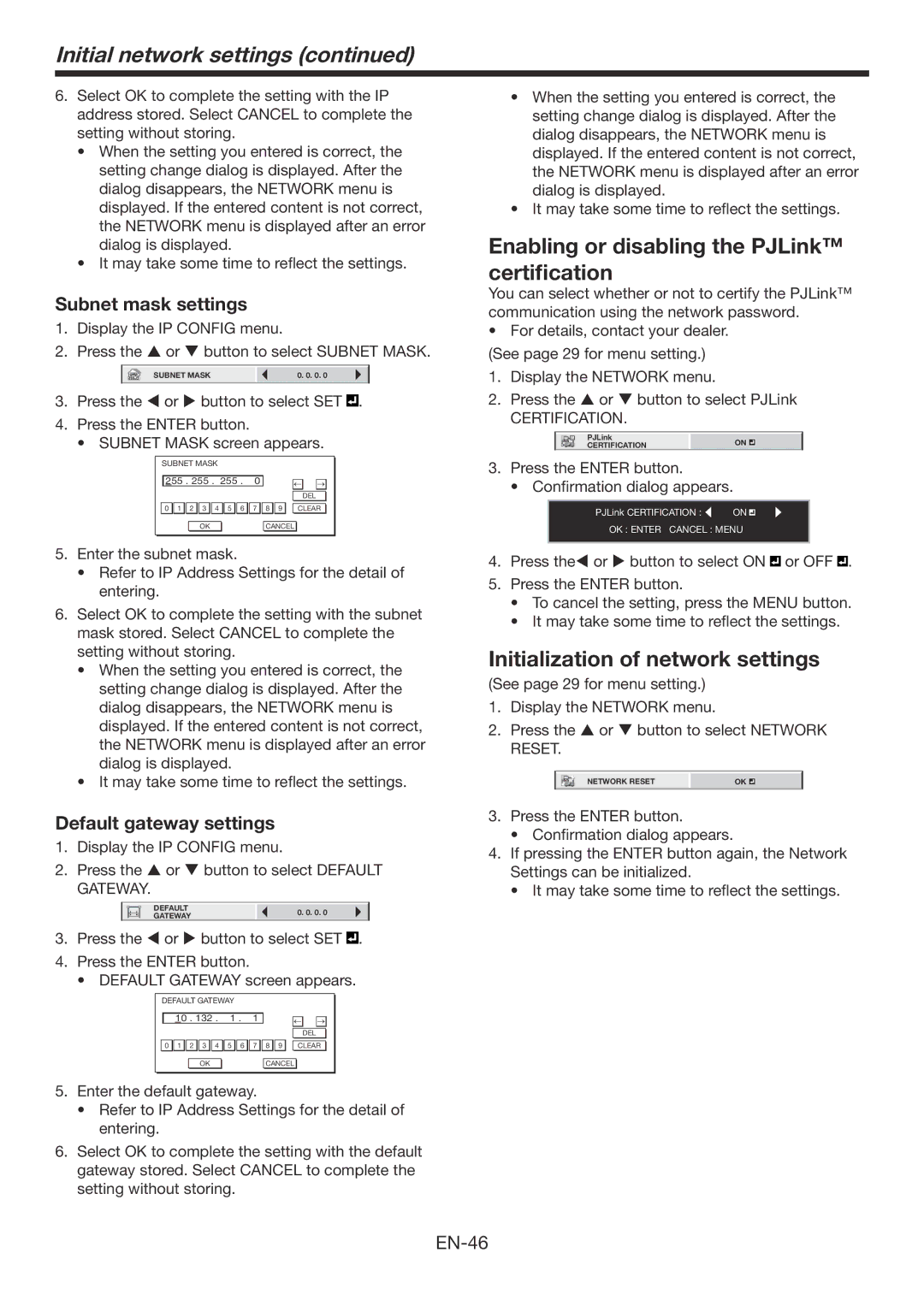 Mitsubishi Electronics HC7800D Enabling or disabling the PJLink certification, Initialization of network settings 