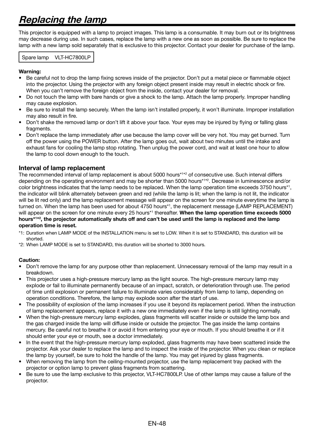 Mitsubishi Electronics HC7800DW user manual Replacing the lamp, Interval of lamp replacement 