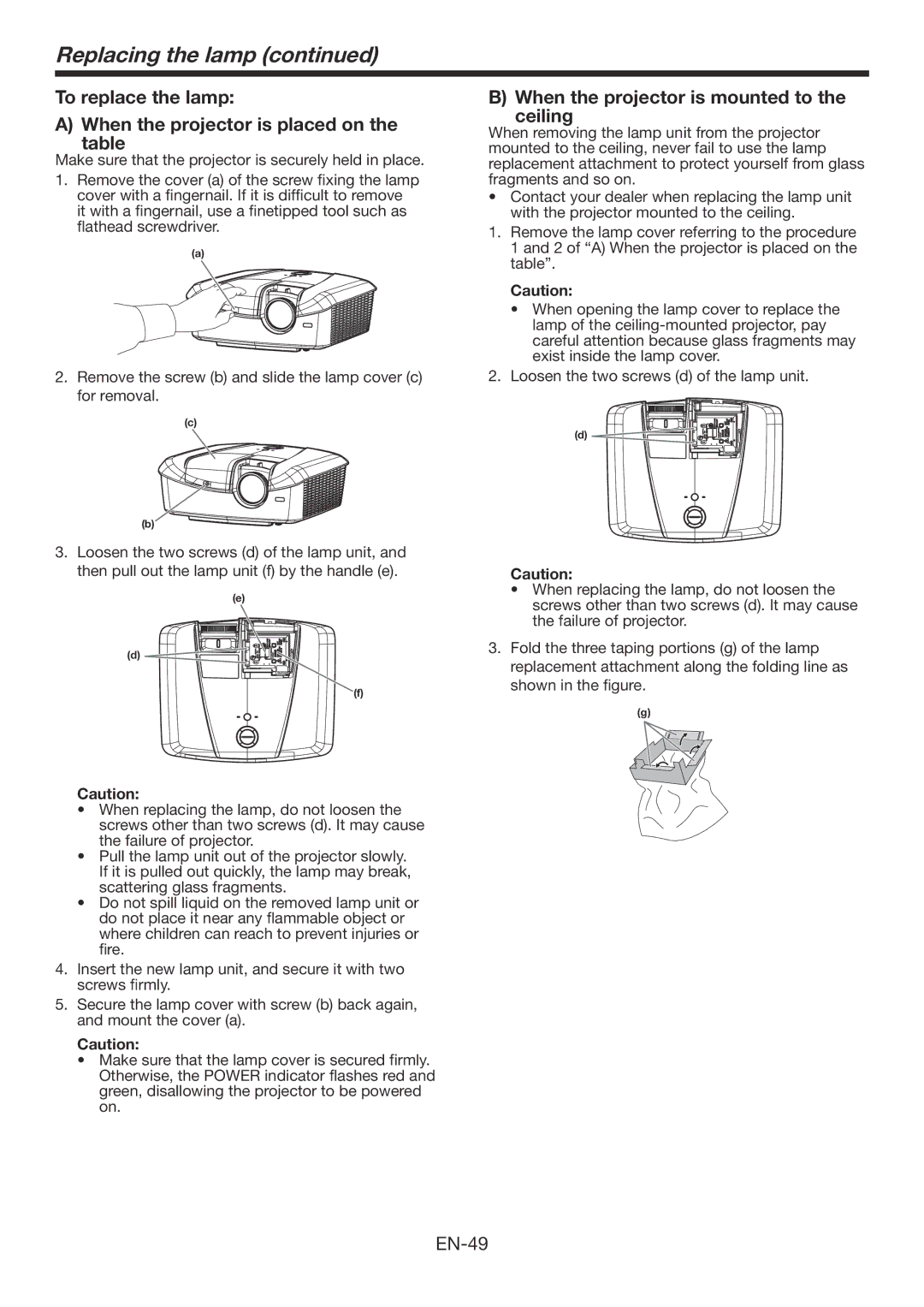 Mitsubishi Electronics HC7800DW user manual Replacing the lamp, When the projector is mounted to the ceiling 