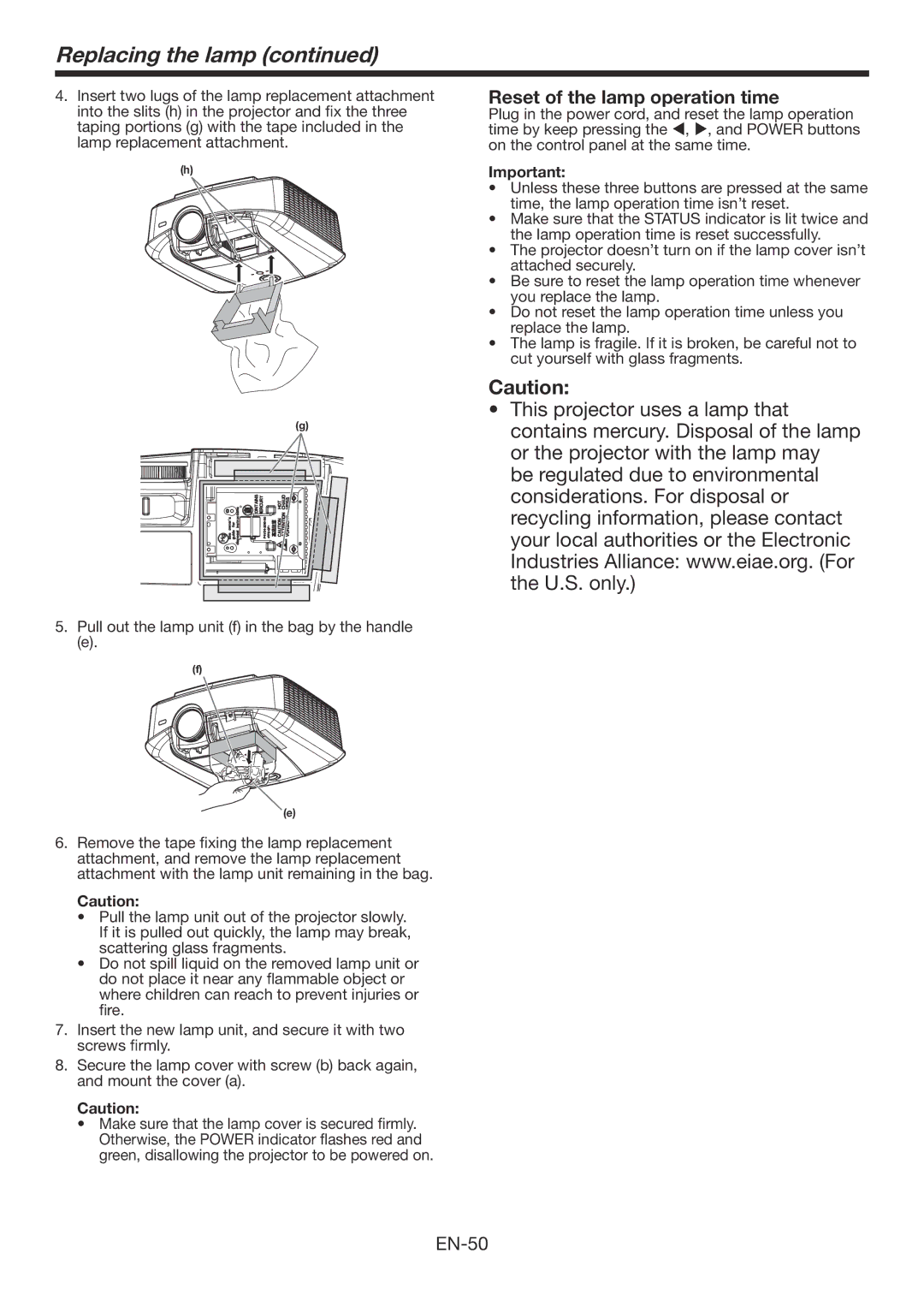 Mitsubishi Electronics HC7800DW user manual Reset of the lamp operation time 