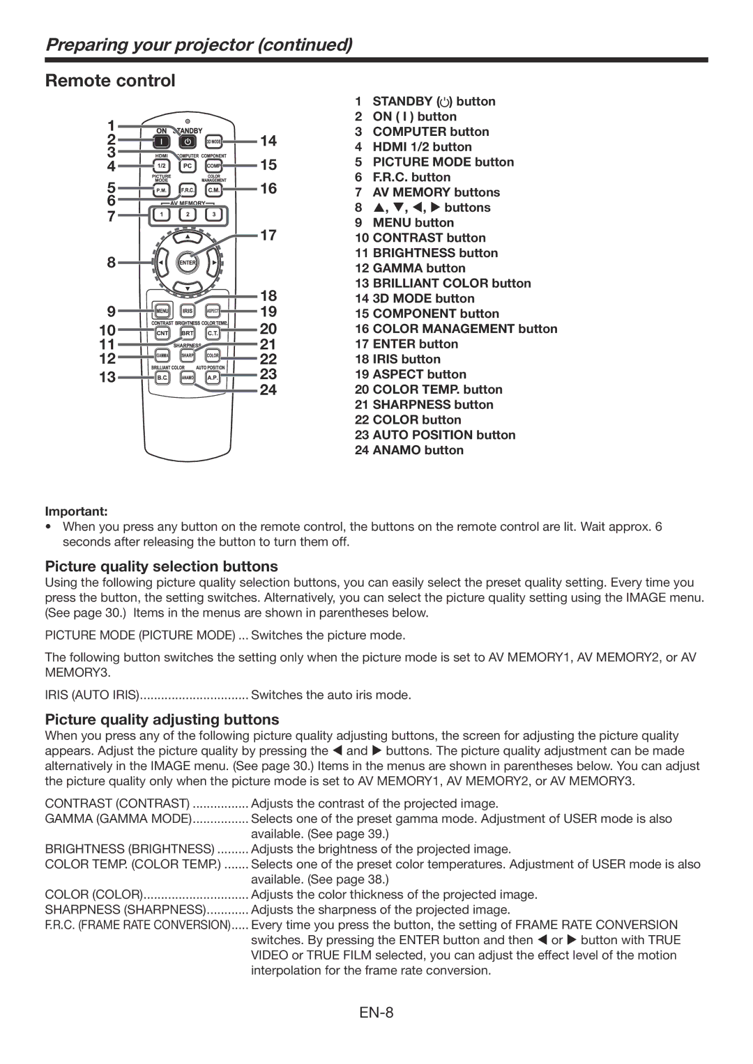 Mitsubishi Electronics HC7800D Remote control, Picture quality selection buttons, Picture quality adjusting buttons 