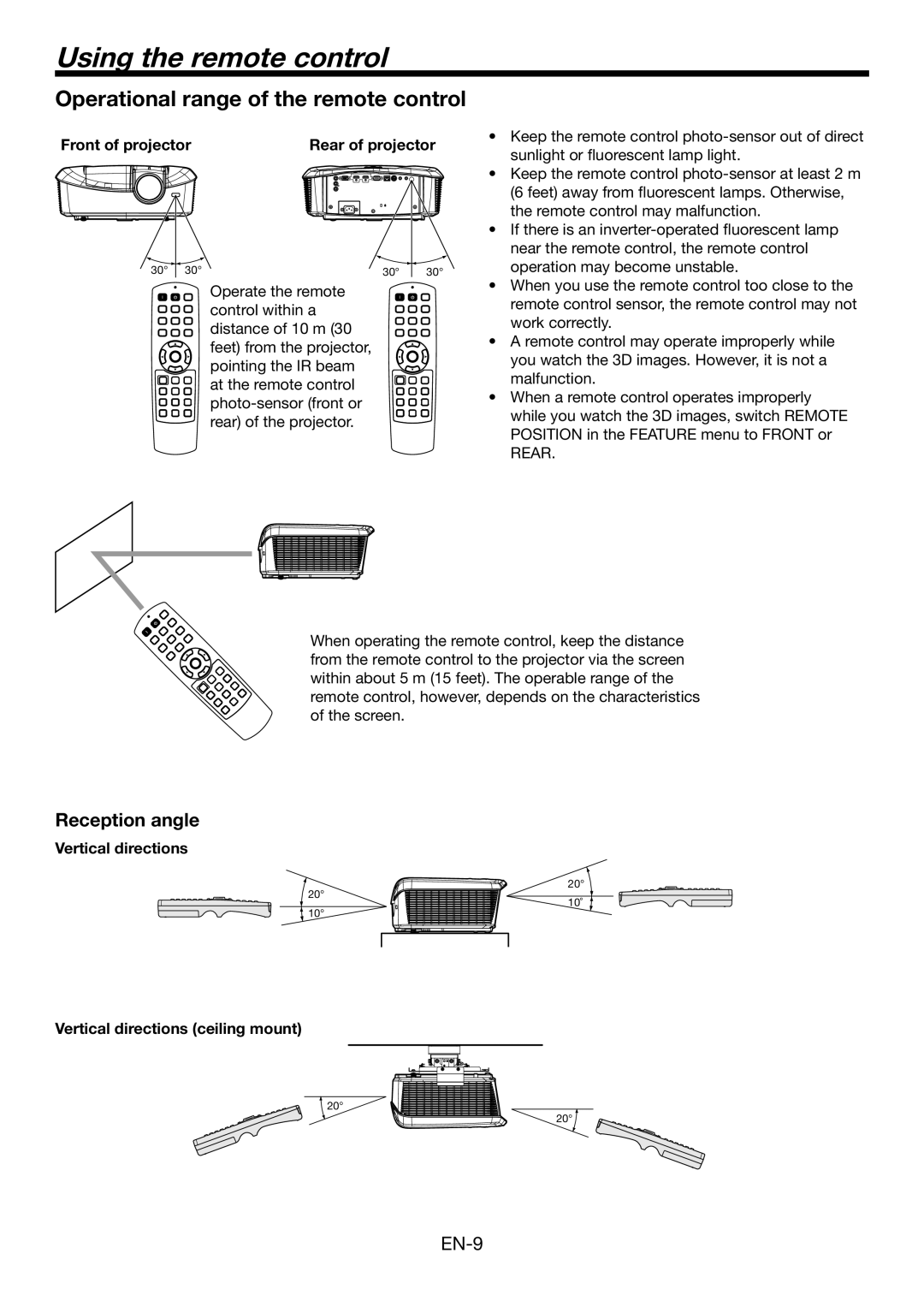 Mitsubishi Electronics HC7800DW Using the remote control, Operational range of the remote control, Reception angle 