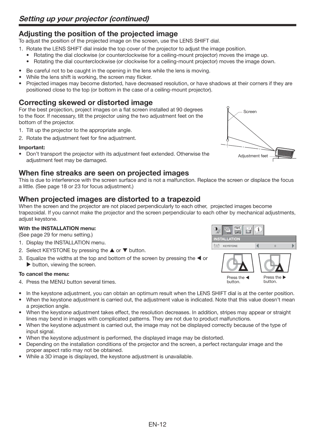 Mitsubishi Electronics HC7900DW Adjusting the position of the projected image, Correcting skewed or distorted image 