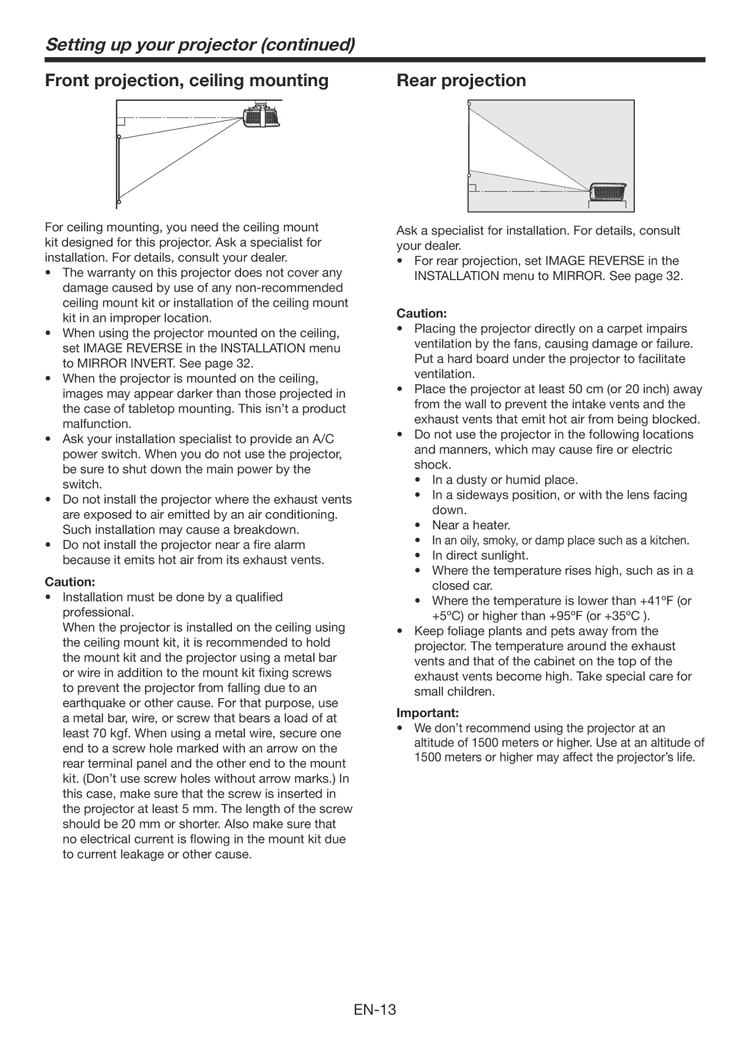 Mitsubishi Electronics HC7900DW user manual Front projection, ceiling mounting, Rear projection 