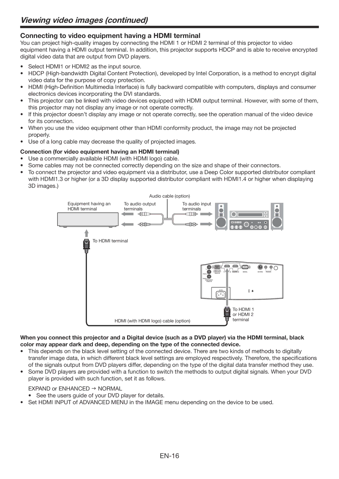 Mitsubishi Electronics HC7900DW user manual Viewing video images, Connecting to video equipment having a Hdmi terminal 