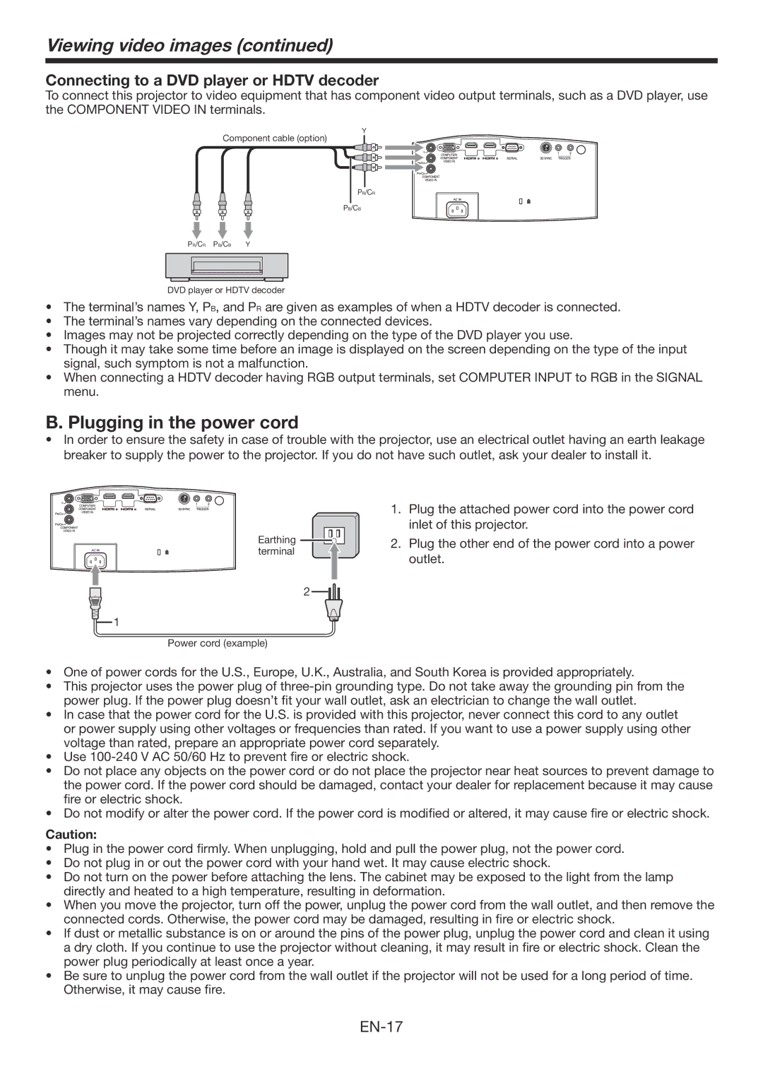 Mitsubishi Electronics HC7900DW user manual Plugging in the power cord, Connecting to a DVD player or Hdtv decoder 