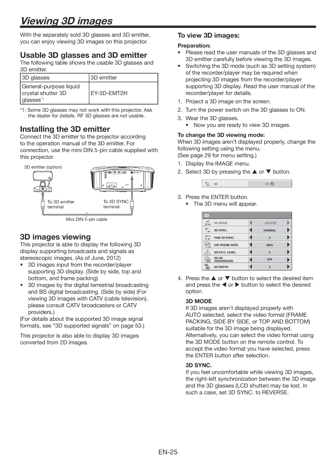 Mitsubishi Electronics HC7900DW user manual Viewing 3D images, Usable 3D glasses and 3D emitter, Installing the 3D emitter 