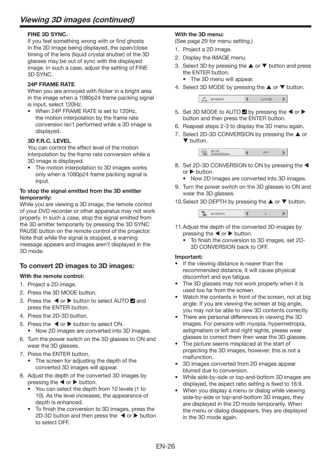 Mitsubishi Electronics HC7900DW user manual Viewing 3D images, To convert 2D images to 3D images, With the 3D menu 