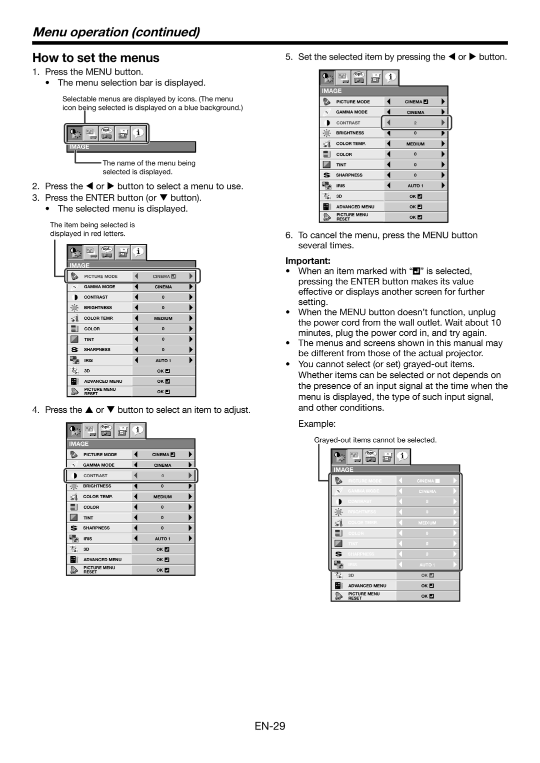 Mitsubishi Electronics HC7900DW Menu operation, How to set the menus, Press the  or  button to select a menu to use 