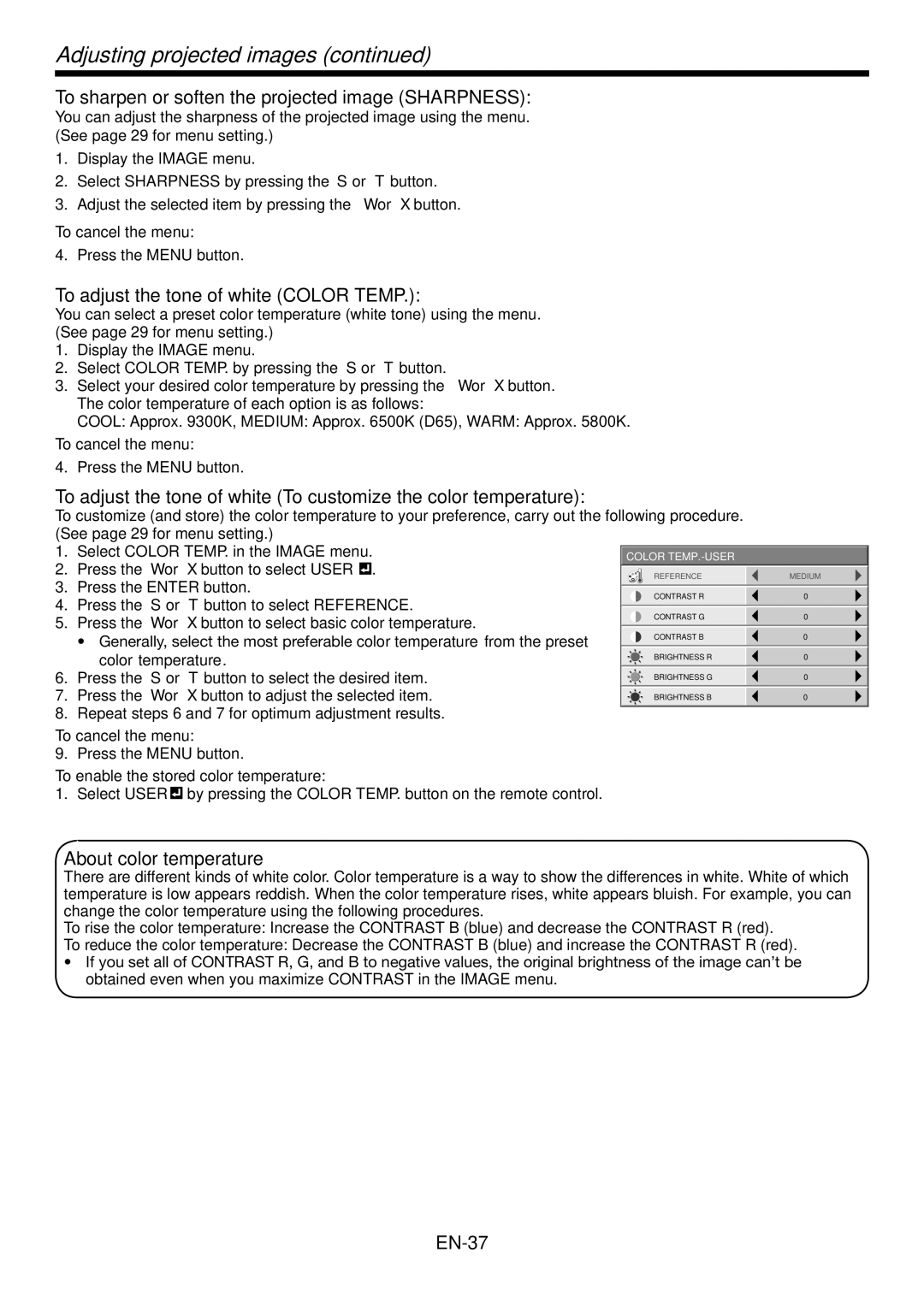 Mitsubishi Electronics HC7900DW user manual Adjusting projected images, To sharpen or soften the projected image Sharpness 