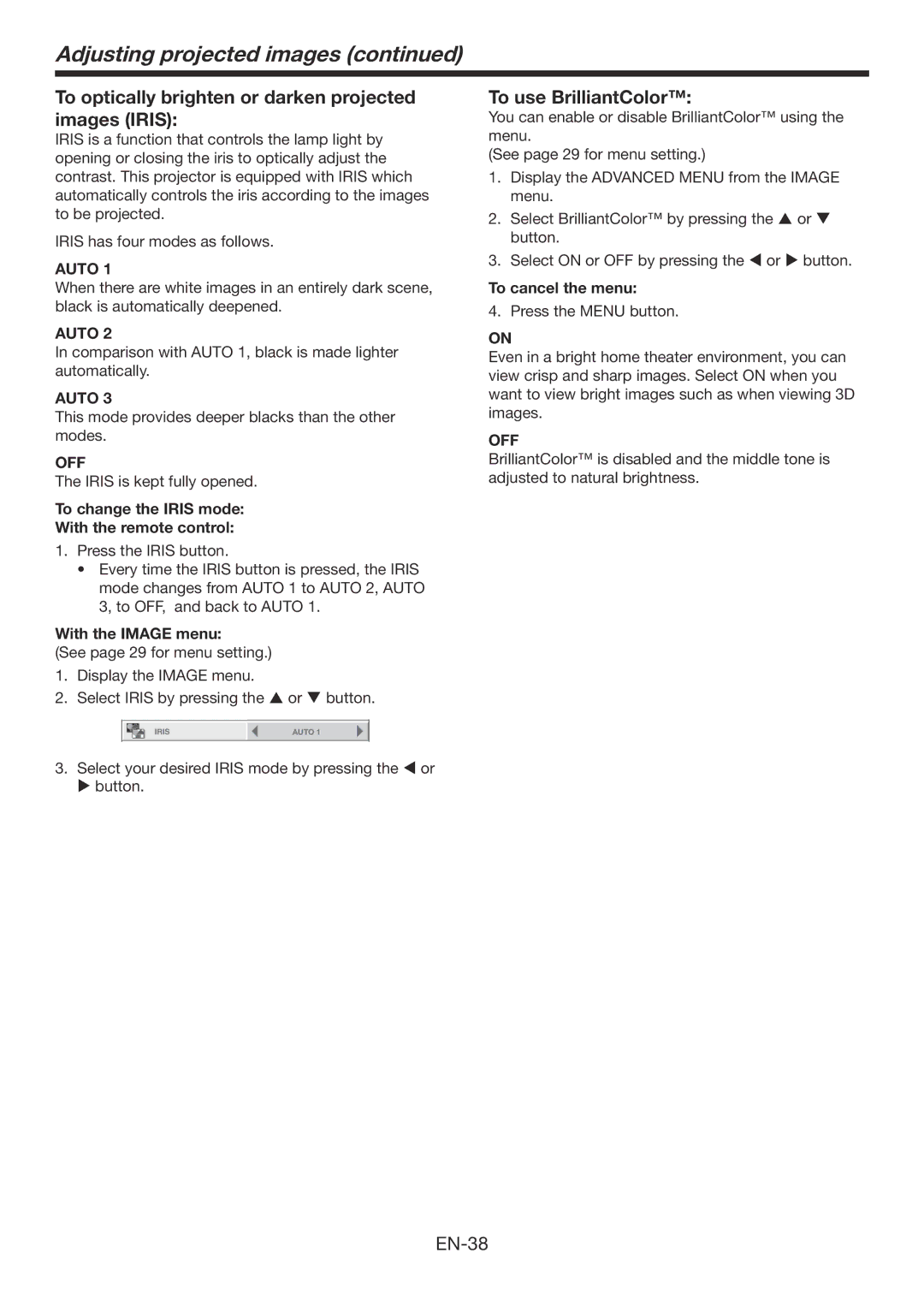 Mitsubishi Electronics HC7900DW user manual To optically brighten or darken projected images Iris, To use BrilliantColor 