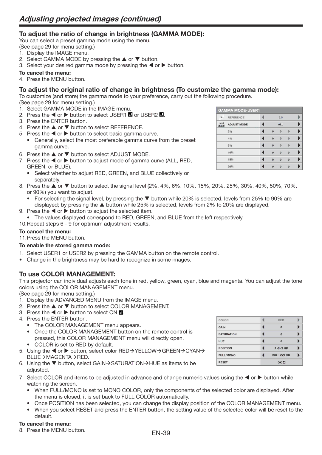 Mitsubishi Electronics HC7900DW user manual To adjust the ratio of change in brightness Gamma Mode, To use Color Management 