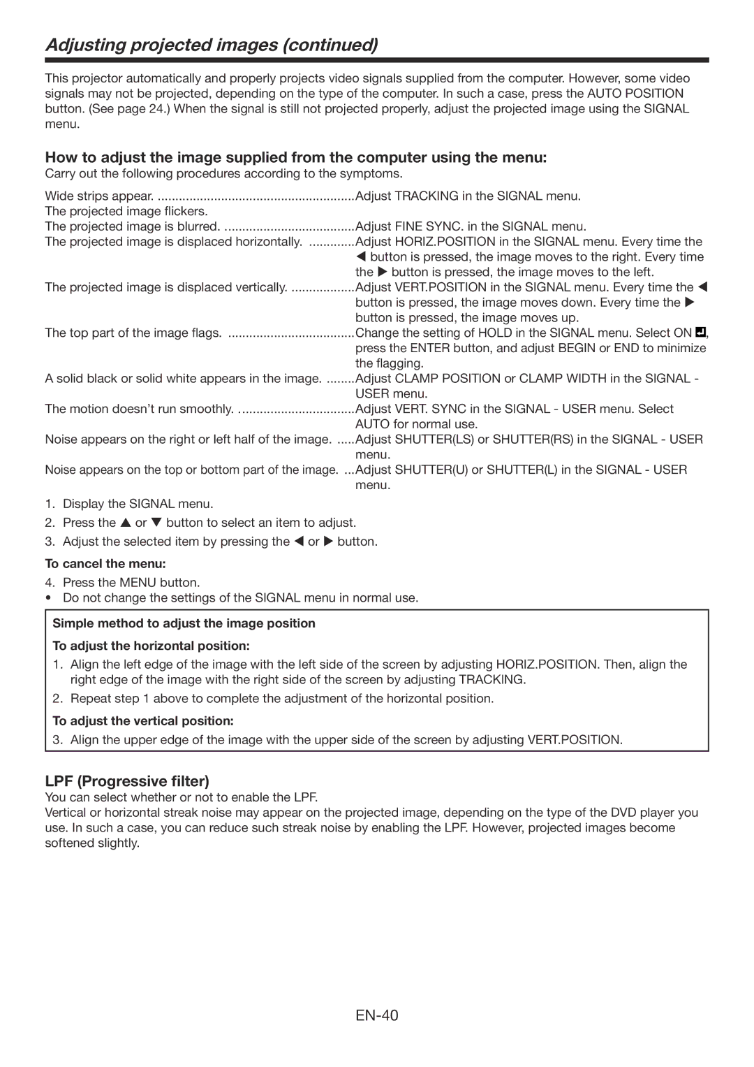 Mitsubishi Electronics HC7900DW user manual LPF Progressive filter, To adjust the vertical position 