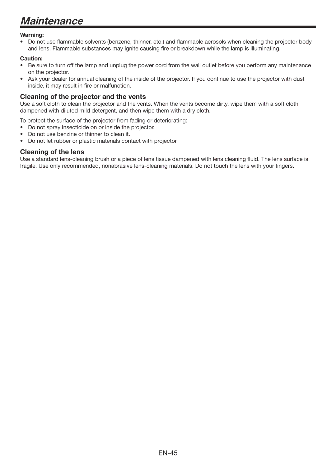 Mitsubishi Electronics HC7900DW user manual Maintenance, Cleaning of the projector and the vents, Cleaning of the lens 