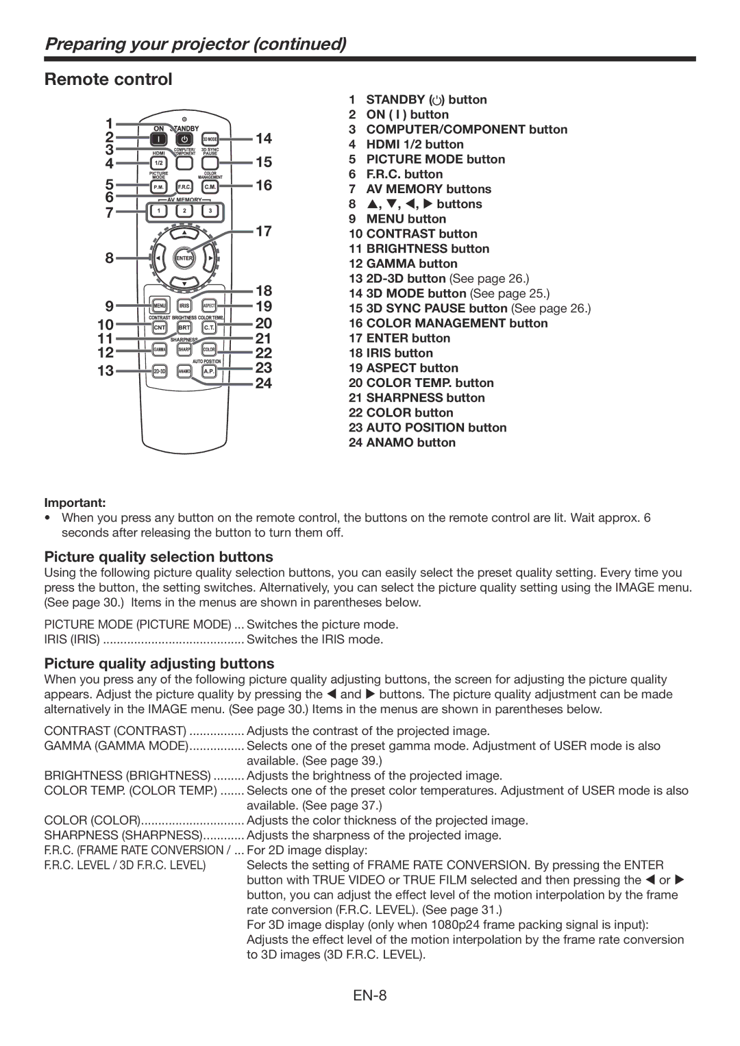 Mitsubishi Electronics HC7900DW Remote control, Picture quality selection buttons, Picture quality adjusting buttons 