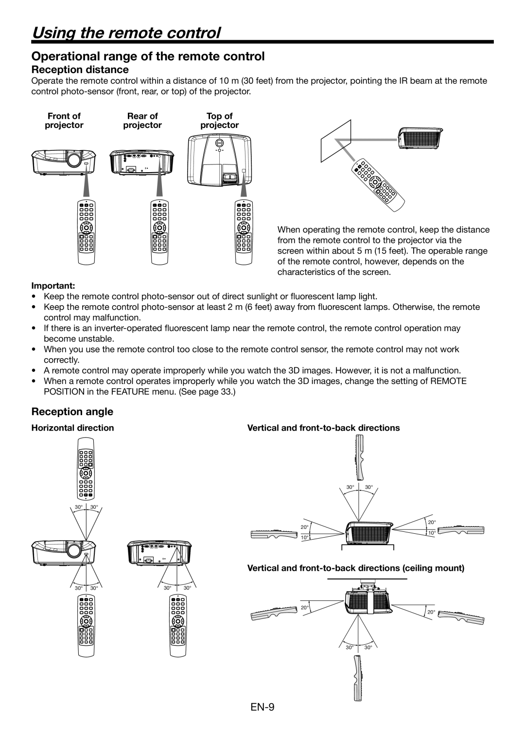 Mitsubishi Electronics HC7900DW Using the remote control, Operational range of the remote control, Reception distance 