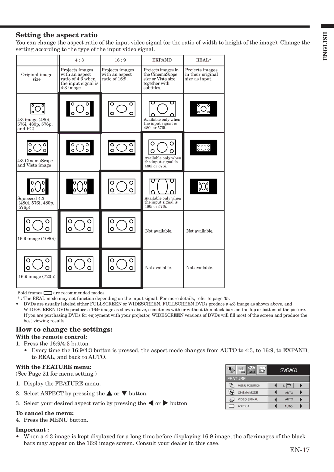 Mitsubishi Electronics HC900 user manual Setting the aspect ratio, How to change the settings, With the remote control 