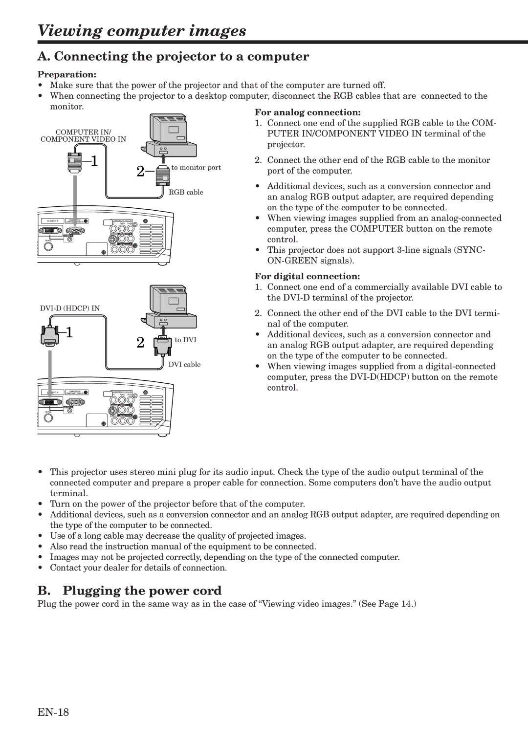 Mitsubishi Electronics HC900 Viewing computer images, Connecting the projector to a computer, Plugging the power cord 