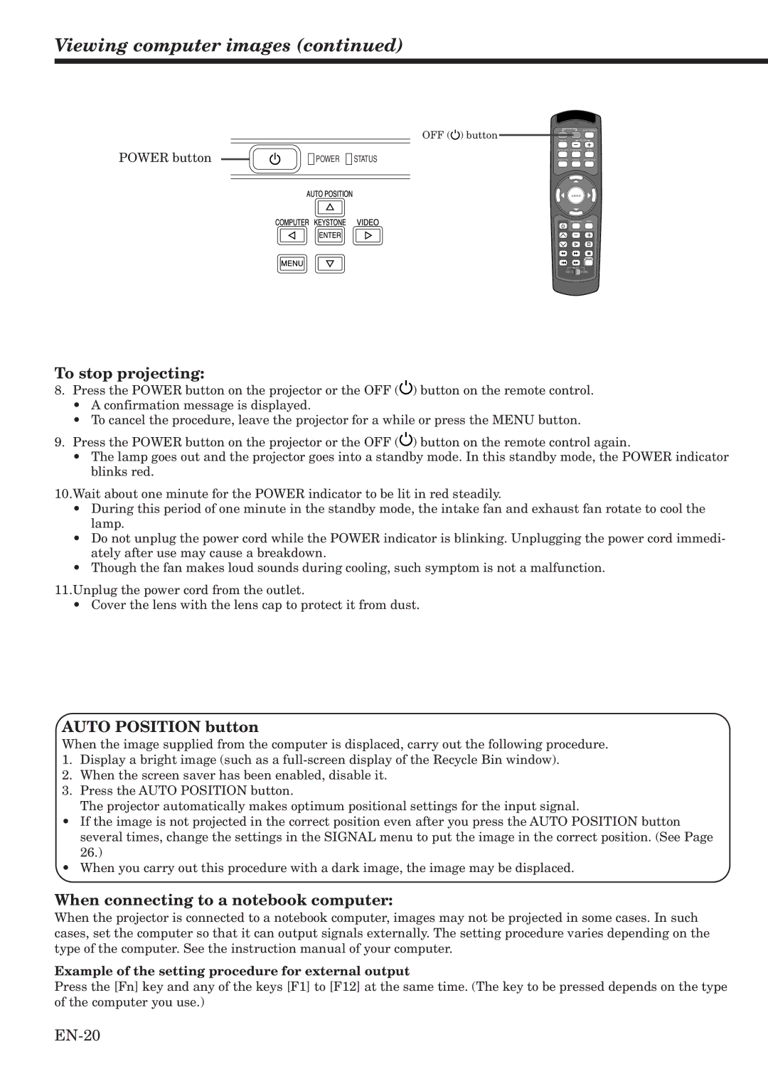 Mitsubishi Electronics HC900 Viewing computer images, Auto Position button, When connecting to a notebook computer 