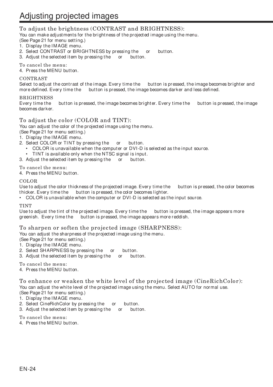 Mitsubishi Electronics HC900 user manual Adjusting projected images, To adjust the brightness Contrast and Brightness 