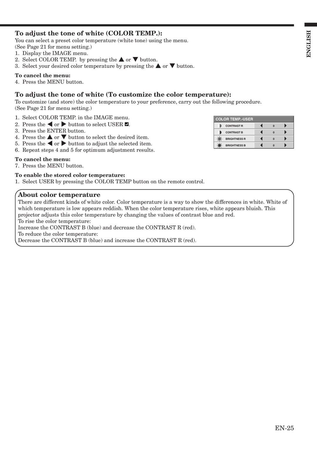 Mitsubishi Electronics HC900 user manual To adjust the tone of white Color Temp, About color temperature 