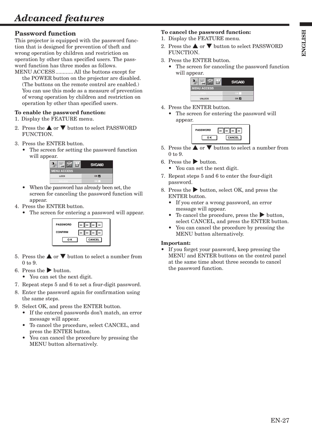 Mitsubishi Electronics HC900 user manual Advanced features, Password function, To enable the password function 