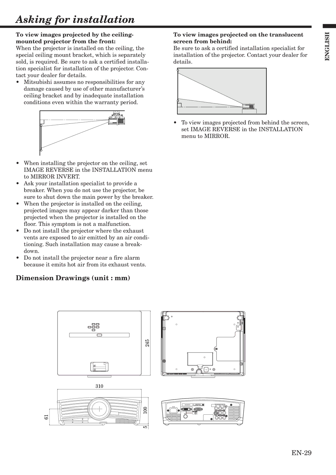 Mitsubishi Electronics HC900 user manual Asking for installation, Dimension Drawings unit mm 