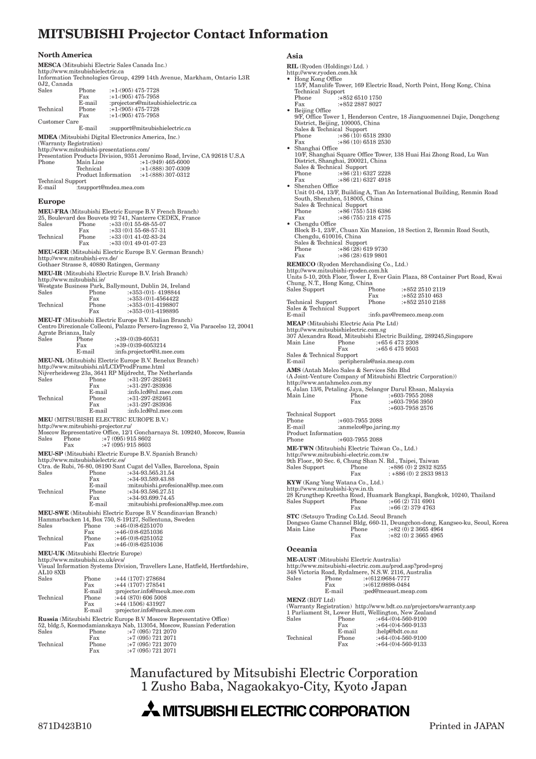 Mitsubishi Electronics HC900 user manual Mitsubishi Projector Contact Information, North America 