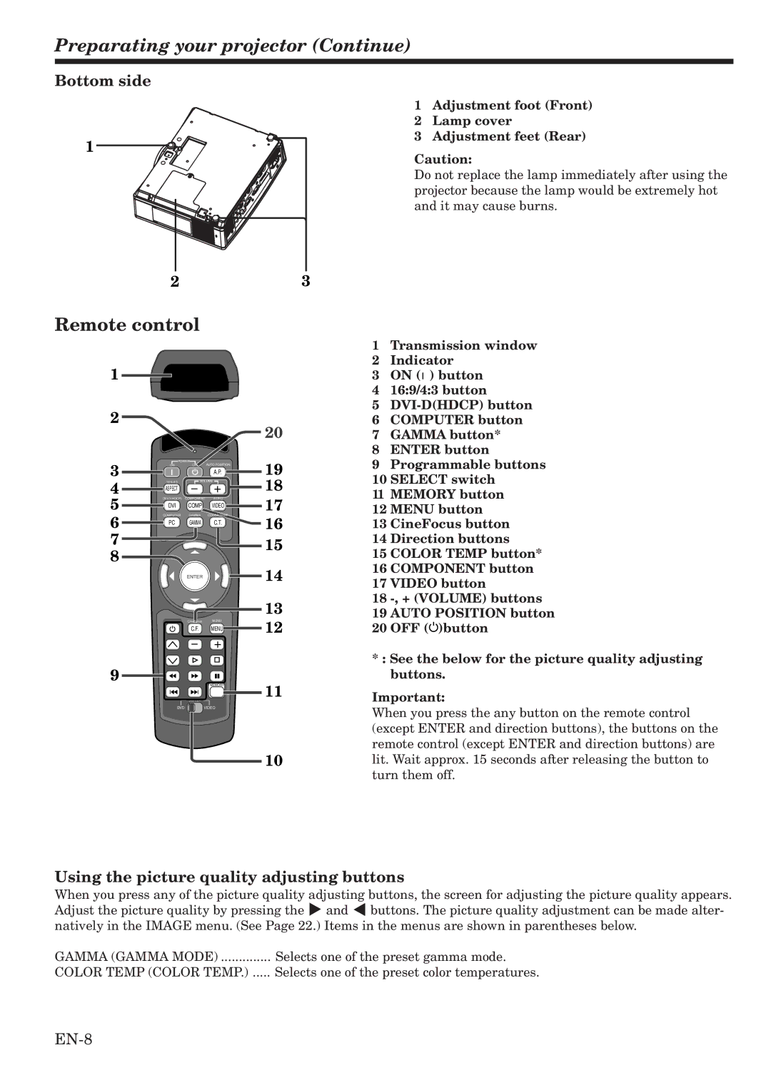 Mitsubishi Electronics HC900 user manual Preparating your projector Continue, Remote control, Bottom side 