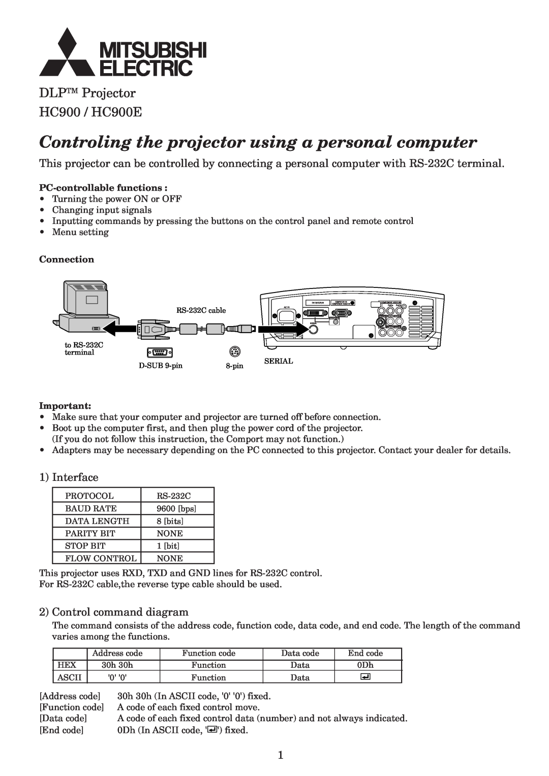 Mitsubishi Electronics HC900E manual Interface, Control command diagram, PC-controllable functions, Connection 