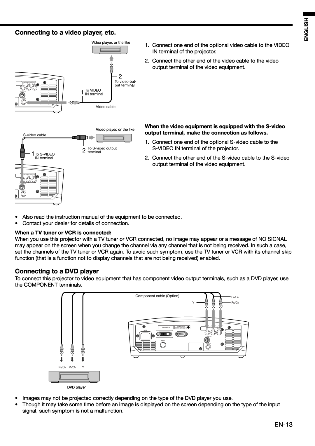 Mitsubishi Electronics HC910 user manual Connecting to a video player, etc, Connecting to a DVD player, EN-13, English 